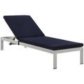 Modway Shore Outdoor Patio Aluminum Chaise with Cushions in Silver Navy