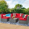 Walsunny 5 Pieces Patio Furniture Sets Wicker Rattan Outdoor Sectional Sofa with Glass Table and Cushions Red