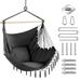 Hammock Chair Hanging Rope Swing Max 250 Lbs 2 Cushions Included-Large Macrame Hanging Chair with Pocket for Superior Comfort Durability (Grey)