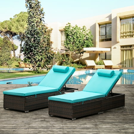 2 Pieces Wicker Patio Lounge Chair Set Adjustable PE Rattan Chaise Lounge with Side Table and Cushion Outdoor Lounger Recliner for Garden Balcony Poolside Patio Deck Backyard