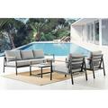 Crown 4 Piece Black Aluminum and Teak Outdoor Seating Set with Dark Gray Cushions