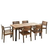 GDF Studio Seifer Outdoor Acacia Wood 7 Piece Dining Set Teak and Rustic Metal