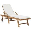 Anself Outdoor Sun Lounger with Sliding Table and Wheels Teak Wood Both Side Adjustable Chaise Lounge Chair Cream Cushioned Poolside Backyard Garden Furniture 76.8 x 23.4 x 13.8 Inches (L x W x H)