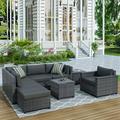 enyopro Patio Furniture Sectional Sofa Set 8 PCS Rattan Wicker Sofa Set Premium All-Weather Sofa Couch Conversation Set w/2 Glass Tables & 13 Cushions for Deck Garden Backyard Poolside K2465