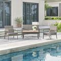 Evelyn 4-Piece All-Weather Outdoor Resin Wicker Mixed Acacia Wood Lounge Sofa Set in Grey with Cushion