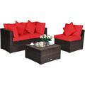 Patiojoy 4-Piece Outdoor Rattan Sofa Set Sectional Conversation Couch Ottoman Red