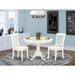 East West Furniture 3 Piece Dining Table Set- a Kitchen Table with Pedestal and 2 Linen Fabric Upholstered Chairs, Linen White