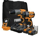 Freeman PECCKT 20 Volt Cordless Hammer Drill Impact Driver and LED Light Combo Kit with Lithium-Ion Batteries Charger and Bag