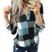 Transer Women's Basic V Neck Plaid Shirts Cuffed Long Sleeve Casual Tops Blouses Casual Roll Up Long Sleeve Plaid Shirt Slim Top