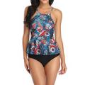 Sexy Dance Plus Size Women Ladies Tankini Set Two Piece Swimsuit Floral Swimwear Tops+ Swim Shorts, Beachwear Halterneck Swimming Costumes Bathing Suit, Push Up Padded Backless Tummy Control