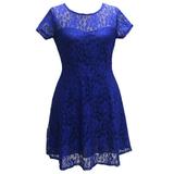 Women's Vintage Floral Lace Scoop Neck Short Sleeve Cocktail Formal Swing Bridesmaid Party Dress, Blue, S