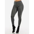 Womens Juniors Pull On Dressy Pants Office Careerwear Black Skinny High Waisted Plaid Trousers 40106O