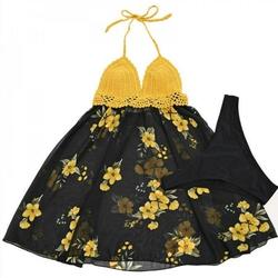 Popvcly Women Split Swimwear Skirt Knitted Chiffon Swimsuit Two-piece Yellow L