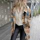 Women Lattice Turn Down Collar Buttons Pockets Long Sleeve Jacket Long Coat