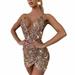 Sexy Design Women Sequins Glitter Sparkle Deep V Neck Halter Backless Bodycon Short Mini Dress Evening Party Dress