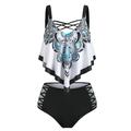 Mchoice Plus Size Swimsuits for Women BOH Print Push-Up Padded Overlay Flounce Crisscross Tankini Swimwear