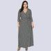 Women Plus Size Dress Chain Floral Print Crossover Deep V Neck High Waist Tied 3/4 Sleeve Casual One-Piece
