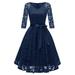 Suzicca Vintage Women 1950s Crochet Lace Pleated Dress V Neck 3/4 Sleeve Belt Evening Party Swing Dress
