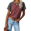 Lumento Women Summer Casual T-Shirt Raglan Short Sleeve Crewneck Tunic Blouse Top Dark Gray Red XXL