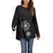 Womens Long Sleeve Dandelion Longline T Shirt Crew Neck Casual Loose Tunic Shirts Tops Black S