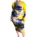 Winnereco Women Tie Dye Print Slim Dress Long Sleeve Midi Dresses (Yellow XL)