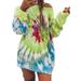 TWZH Women Tie Dye Printed Crew Neck Long Sleeve Fashion Sweatshirt Mini Dress