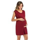 Selfieee Women's Round Neck Maternity Dress with Front Pleat Sleepwear Hospital Bag Nightdress for Women 00022 Red Medium