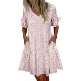 Sexy Dance Women Summer Casual Dress Short Sleeve V Neck Pockets Sundress Beach Evening Party Ruffle Baby Doll Dress