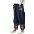Avamo Women's Floral Printed Casual Pants Cotton-Linen Harem Pants Summer Casual Irregular Palazzo Pants Dark Blue XL(US 12-14)