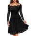Women's Vintage Floral Lace Long Sleeve Boat Neck Cocktail Party Swing Dress
