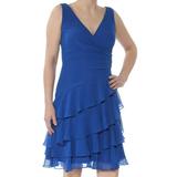 RALPH LAUREN Womens Blue Tiered Ruffled G Sleeveless V Neck Above The Knee Fit + Flare Party Dress Size 2