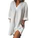 Women V Neck Cotton Linen Oversized T-Shirt Dress Tops Ladies 3/4 Half Sleeve Casual Baggy Short Dress With Pocket