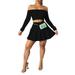 Listenwind Women 2Pcs Outfit Long Sleeve Off Shoulder Crop Top and High Waist Tennis Pleated Skirt Set