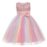 Toddler Baby Girl Flower Sequin Round Neck Sleeveless Dresses Rainbow Mesh Princess Dress Tutu Evening Dress