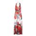 Cachet Halter Neck Open Back Pleated Zipper Back Floral Print Chiffon Dress-RED MULTI