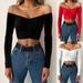 Women Off Shoulder Long Sleeve Pullover T-Shirt Autumn Solid color Draped Crop Top Tee