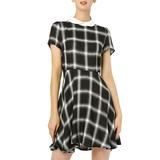 Unique Bargains Women's Checks Peter Pan Collar Puff Sleeves Above Knee Dress