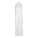 Adrianna Papell Embellished Halter Neck Open Zipper Back Solid Stretch Knit Crepe Jumpsuit-IVORY