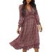 Avamo Womens Dresses Floral Printed Ruffles Long Sleeves Summer A-Line Midi Dress Cocktail Party Elegant Swing Dresses Wine Red M