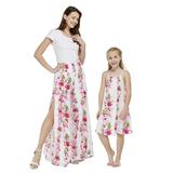 Matching Hawaiian Luau Mother Daughter Pants and Round Neck Dress in Pink White Hibiscus Vine