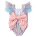 Gradient Color Sleeveless Lace Ruffle One-piece Swimwear Swimsuit With Big Back Bow For Kids Baby Girl