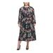 TOMMY HILFIGER Womens Black Belted Floral Long Sleeve Jewel Neck Midi Fit + Flare Dress Size 16W