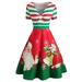 Women Christmas Vintage Retro Dress, V Neck Stripe Cute Printed Patchwork Swing Cocktail Party Dress