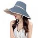 Women Summer Casual Big Wide Brim Cotton Hat Floppy Beach Sun Foldable Cap , Blue