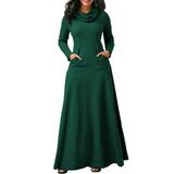 UKAP Women's Cowl Neck Maxi Party Dress Fit and Flare Long Sleeve A Line Swing Tunic Dress Solid Color Empire Waist Wrap Dress Autumn Formal Dress for Elegant Lady Oversize S-5XL