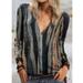 Women's Plus Size Tie Tops Dye Striped TShirt Long Sleeve V-Neck Zipper Loose Casual Tee Top Streetwear