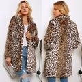 Fashion Women Winter Leopard Print Coat Faux Fur Turn-Down Collar Long Sleeve Thick Pocket Button Fluffy Jacket Long Coat