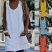Flmtop Beach Casual Women Solid Color Pocket Mini Dress Sleeveless Button Sundress