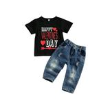 Valentines Days Infant Kids Girls Clothes Sets 2pcs Letter Heart Print Short Sleeve T Shirts Tops Denim Pants 1-5Y