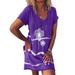 Jocestyle Women Casual T Shirt Dress O Neck Dandelion Printed Mini Dress (Purple 2XL)